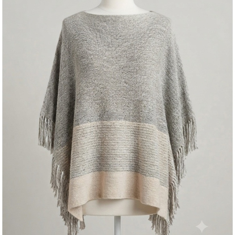 Chicos‎ Gray Colorblock Fringe Knit Poncho Sweater S/M Marled Boat Neck